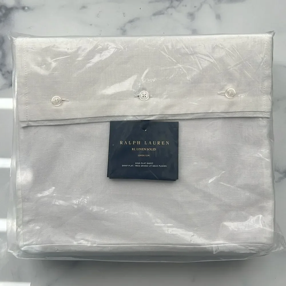 Ralph Lauren RL Linen Solid King Flat Sheet in Tux White, New
